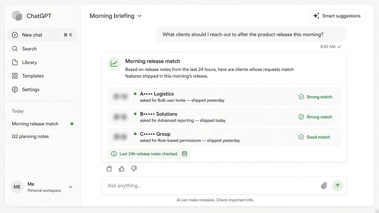 Mockup of a ChatGPT morning briefing that recommends which clients to contact after a release.