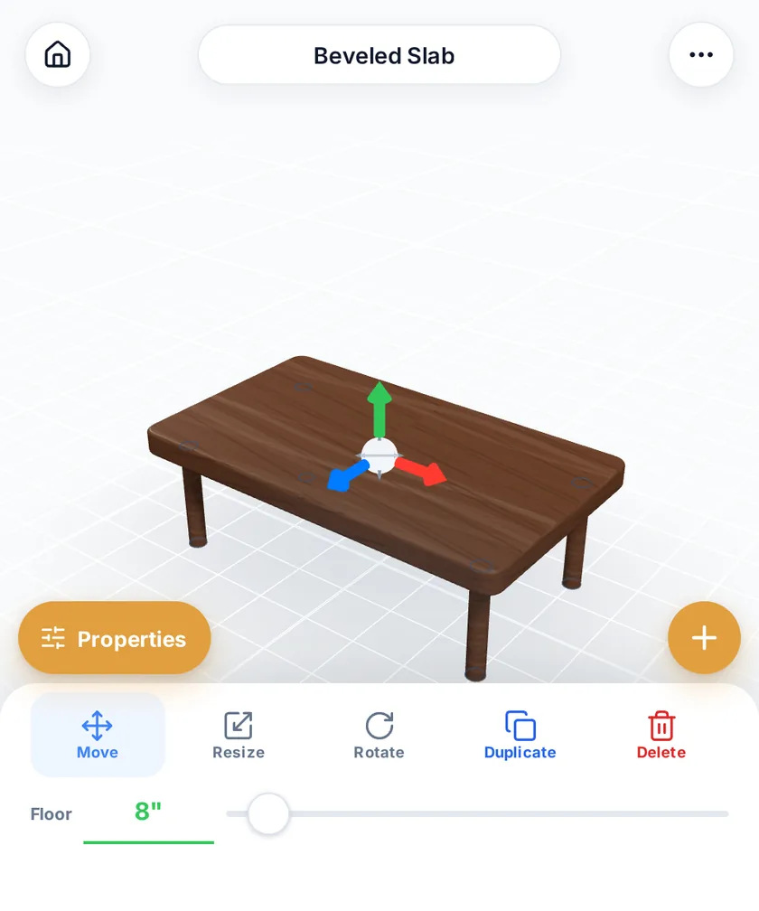 Screenshot of the 3D woodworking app showing a wooden table model in the 3D editor